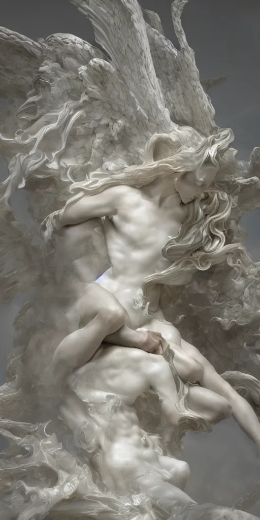 Image similar to realistic digital painting of a stunning intricate cracked white marble falling angel bernini sculpture, trailing white vapor, mycelium stands and misty xparticles neutral tone background, trending on artstation, hyperrealism, matte painting, subsurface scattering