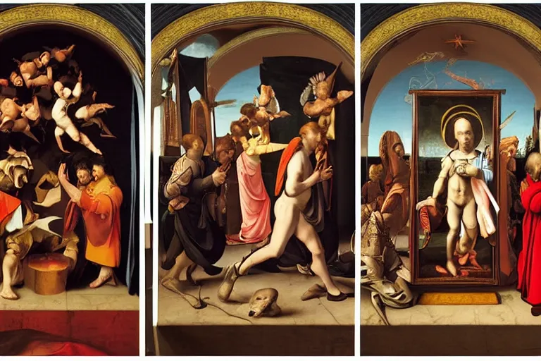 Prompt: a three panels altarpiece with pop culture memes by Beeple and Caravaggio, renaissance style, oil painting,