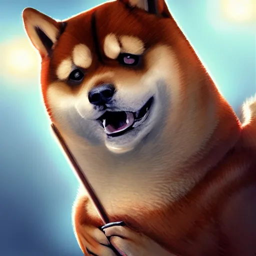 Image similar to muscular shiba inu holding a baseball bat, wearing a police uniform character design, highly detailed digital art, atmosphere, glow, lens flare, cinematic lightning, hyperrealistic, focused, extreme details, 4 k, ultra detailed, trending on artstation, masterpiece, digital art.