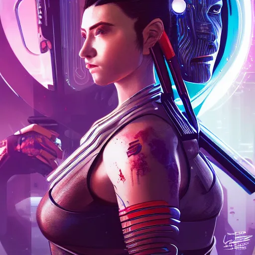 Image similar to a stunning portrait of samurai netrunner woman cyborg by Evelyn De Morgan and Ross Tran, cyberpunk 2077 rossdraws, fresco, hard surface, concept art