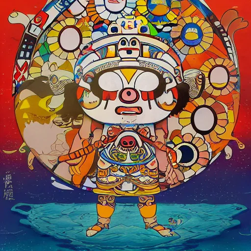 Image similar to a mayan warrior walking on water under the moon by takashi murakami, ernst haekl and james jean, aya takano color style, 4 k, super detailed
