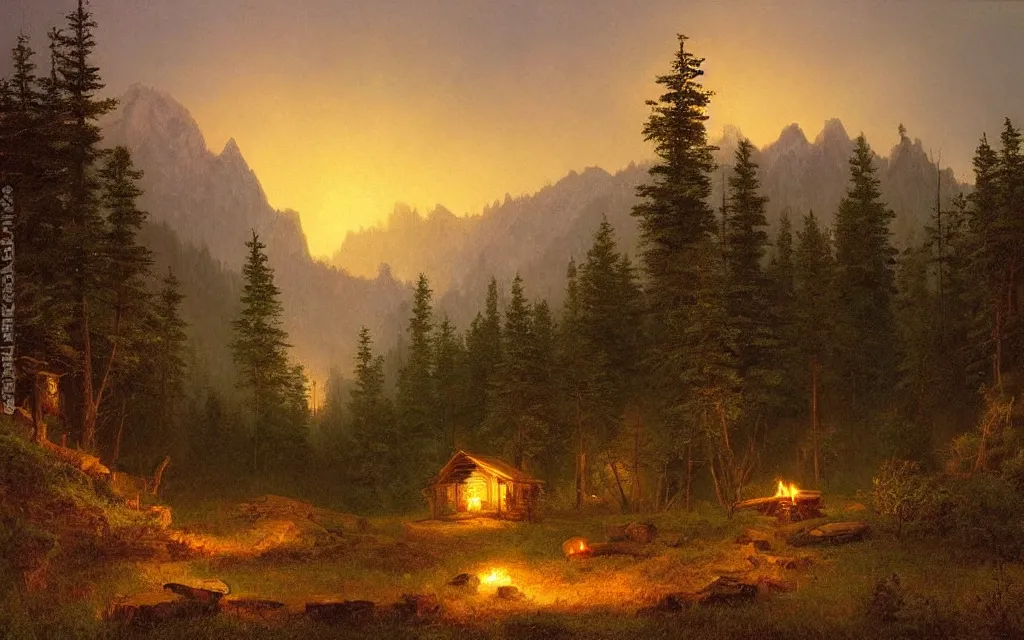 Prompt: small wood cabin with a small campfire on the edge of a forest overlooking a beautiful valley at dusk, mountainous backdrop, cinematic lighting, intricate ink illustration, by albert bierstadt