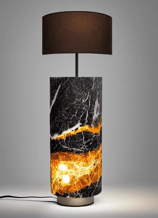 Image similar to A table lamp with a marble base, and a fabric lampshade designed by Petros Afshar