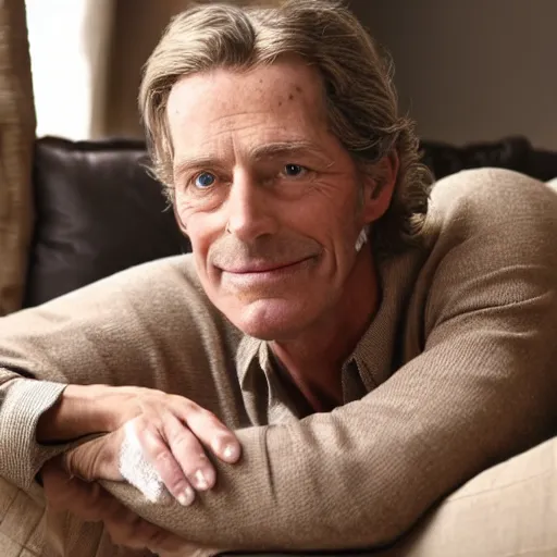 Image similar to cozy wide picture of older handsome lord richard is sitting gracefully on a sofa, his eyes look wise, happy wise. oh he is a human by the way, wear's beige shirt, has firm skin and bouncy belly