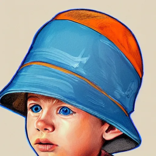 Image similar to a detailed portrait of a boy with blue eyes and blonde hair wearing an orange bucket hat, art illustration, incredibly highly detailed and realistic, 8 k, sharp focus