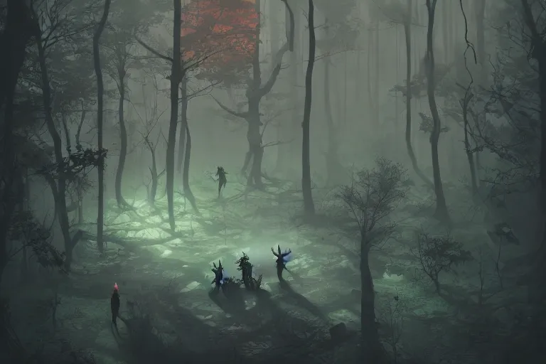 Prompt: Isometric dark forest with monsters, pastel colors, highly detailed, octane render, psychedelic, trending on artstation, by Greg Rutkowski