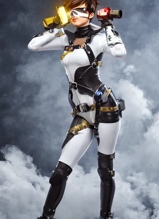 Prompt: full body artwork of tracer overwatch, wearing white latex and leather straps catsuit outfit, in style of mark arian, angel wings, dramatic painting, wearing detailed leather collar, chains, black harness, detailed face and eyes,