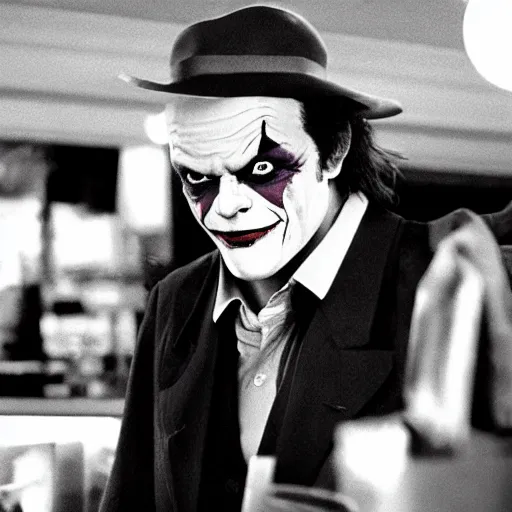 Image similar to jack nicholson as joker working in imperial mcdonalds behind counter, fleshtone facepaint coming off, movie still, dslr