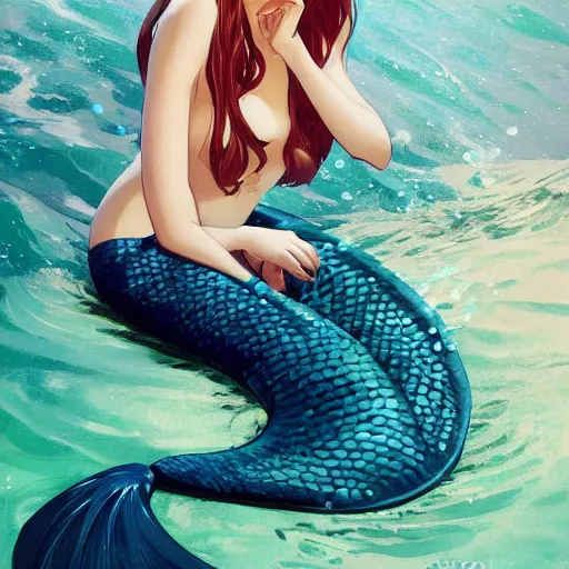 Image similar to A potrait of a mermaid with big and cute eyes, fine-face, realistic shaded perfect face, fine details. Night setting. Very anime style. Realistic shaded lighting poster by Ilya Kuvshinov katsuhiro, magali villeneuve, artgerm, Jeremy Lipkin and Michael Garmash, Rob Rey and Kentarõ Miura style, trending on art station