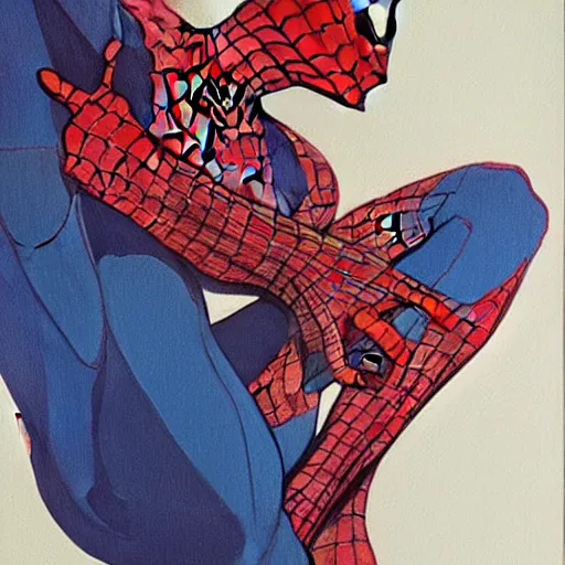 Image similar to Spiderman painted by Conrad Roset and Edward Hopper, detailed brushstrokes