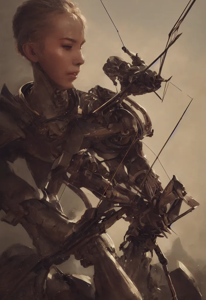 Prompt: a close up portrait of a robot holding a bow and arrow by greg rutkowski, sung choi, mitchell mohrhauser, maciej kuciara, johnson ting, maxim verehin, peter konig, 8 k photorealistic, cinematic lighting, hd, high details, dramatic, dark atmosphere, trending on artstation