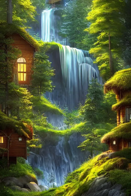 Image similar to scandinavian house in the forest on a hill, pixar, a waterfall flows down from the mountain in the background, vector art, fabulous, global illumination, warm lighting, by jordan grimmer