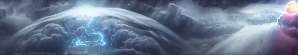 Image similar to cosmic inflation bubbles peaking through the clouds, council of gods having a meeting, character art, concept art, matte painting, 8 k, highly detailed, artstation, light being, high quality,