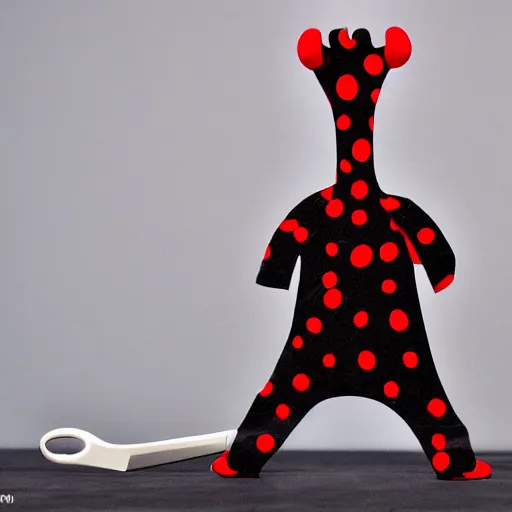 Prompt: a claymation scissors creature that is inviting and friendly, aleksandr deyneka's depiction of the concept of arrest, red polka dot disease on black marble palace