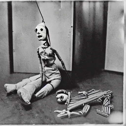 Image similar to female alive, creepy marionette puppet, horrific, unnerving, clockwork horror, pediophobia, lost photograph, dark, forgotten, final photo found before disaster, human laying unconscious in the background, polaroid, concrete room