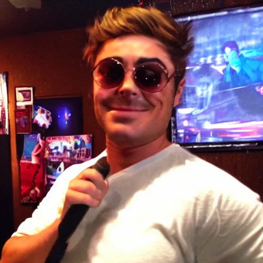 Prompt: fat Zac Efron in karaoke bar