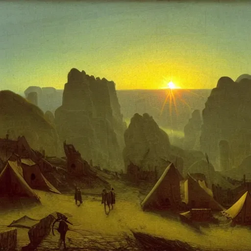 Image similar to village above the clouds, sharp pointy mountains, wooden platforms, tents, colors, misty clouds, sun at dawn, brutalism, painting by caspar david friedrich