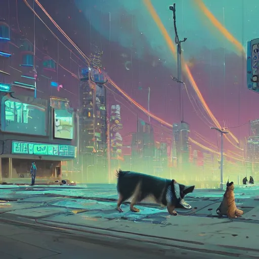 Prompt: a happy cyberpunk corgi roaming a sprawling post - apocalyptic city, starry sky, detailed, beautiful, digital painting by simon stalenhag