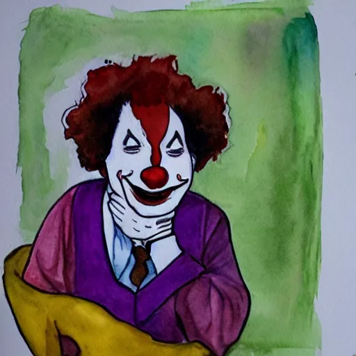 Image similar to sad clown finally getting the therapy they need, watercolor painting