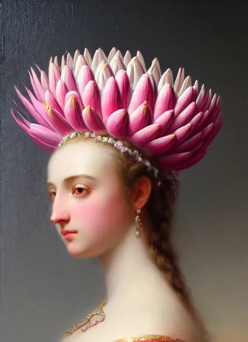 Image similar to stunning colombian godess princess, detailed pink and white protea head peace against a black backdrop by ivan aivazovsky, wlop, super sharp details, photorealism, 5 0 mm lens, oil painting, beautiful soft lighting, muted colours, artstation