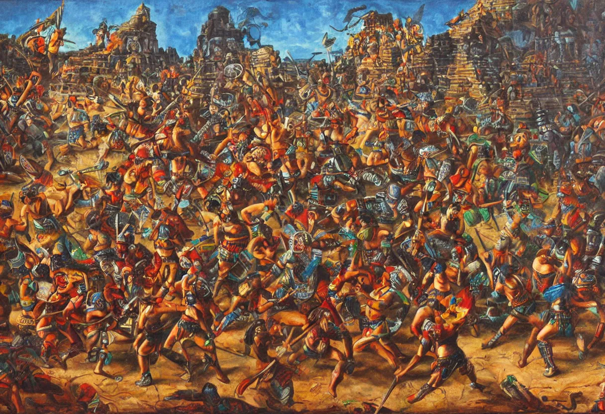 Image similar to aztec warriors fighting on an aztec temple, colorful oil painting