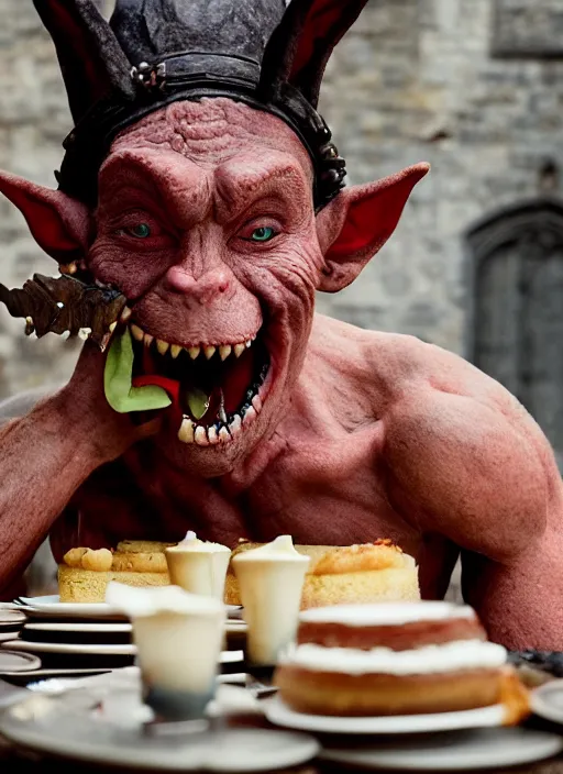 Image similar to closeup portrait of a medieval goblin eating cakes in the cloisters, depth of field, zeiss lens, detailed, symmetrical, centered, fashion photoshoot, by Annie Leibovitz and Steve McCurry, David Lazar, Jimmy Nelsson, Breathtaking, 8k resolution, extremely detailed, beautiful, establishing shot, artistic, hyperrealistic, beautiful face, octane render