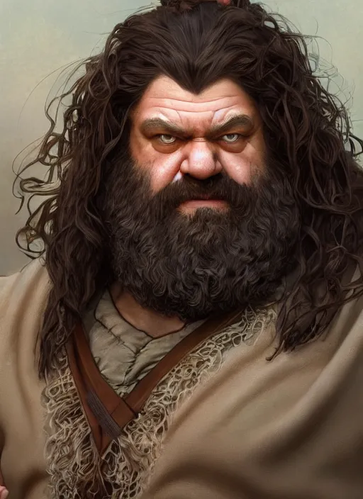 Prompt: portrait of a herculean hagrid with brown hair, style of god of war, swarm of sand, intricate, elegant, highly detailed, digital painting, artstation, concept art, smooth, sharp focus, illustration, art by artgerm and greg rutkowski and alphonse mucha, 8 k