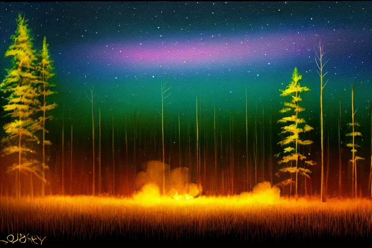 Image similar to artillery lights up the night sky, forest clearing background, at night, oil on canvas, bloom highlights, view from the ground, poster art, darkness, video game art, digital art, fine brushstrokes, hdr, 4 k