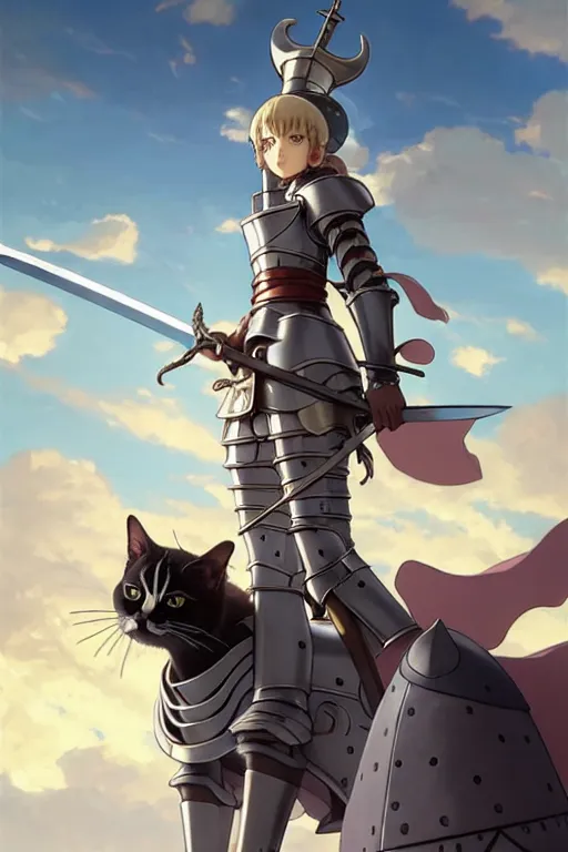 Image similar to a full body of the female knight with a cat on her head with gigantic sword, finely detailed features, closeup at the faces, perfect art, gapmoe yandere grimdark, trending on pixiv fanbox, painted by miura kentaro greg rutkowski makoto shinkai takashi takeuchi studio ghibli, akihiko yoshida