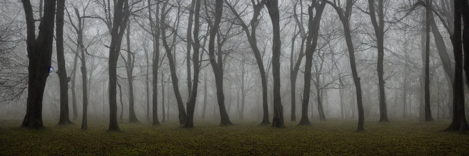 Prompt: a haunted forest, mist and rain