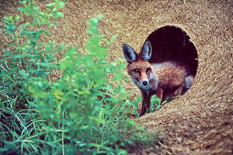 Prompt: a photo of a burlap fox in its natural habitat, kodak ektachrome e 1 0 0 photography