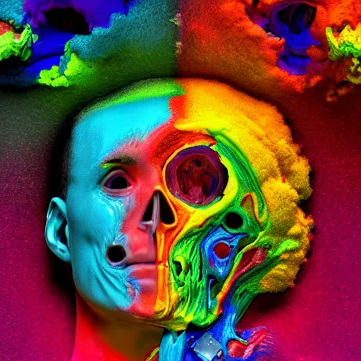 Prompt: insides of an opened human head turn into a huge coloured power explosion, hyperrealistic, medical photography, anatomically correct, realistic textures, 8 k,