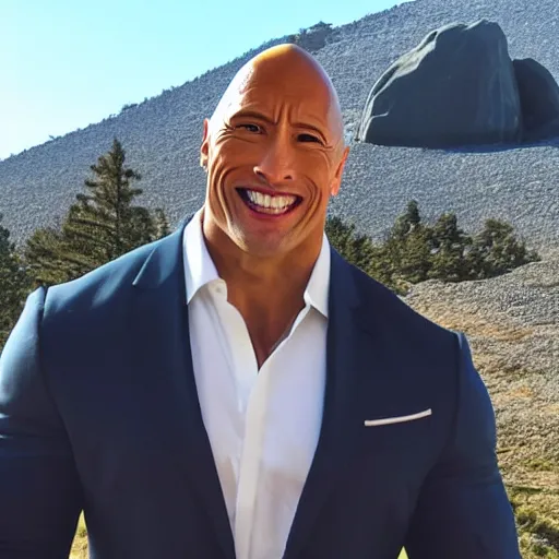 Prompt: real life photo of dwayne the rock johnson in front of a mountain