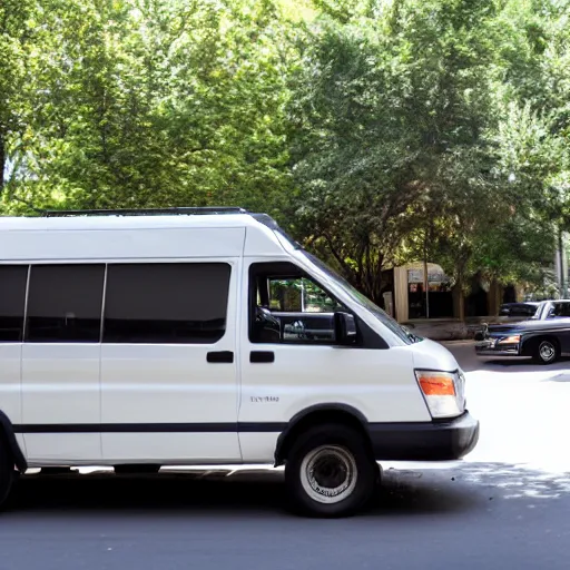 Image similar to A brown man parallel parks white work van, beeping, annoyed people