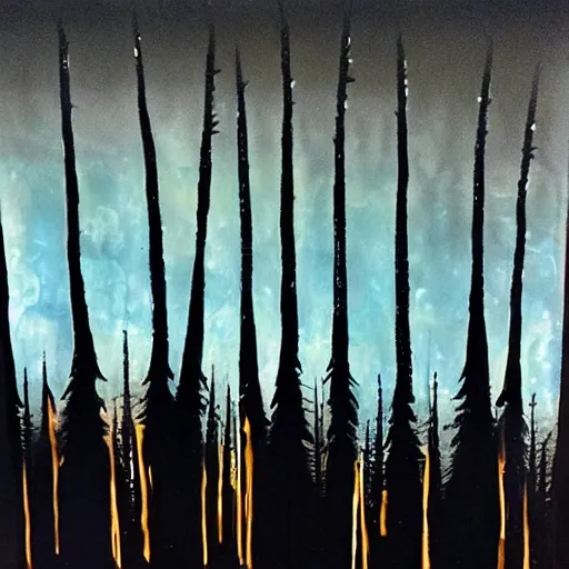 Prompt: black night sky wolves with burned trees painted with drips of paint