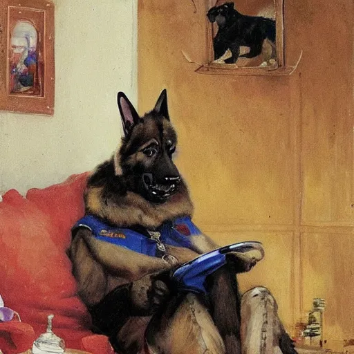 Image similar to a humanoid german shepherd beast - man, sitting and watching a soccer match in his house on television, he has hurt his knee and is a dad, by erin hanson, alexi zaitsev, karl spitzweg, award winning, tv set