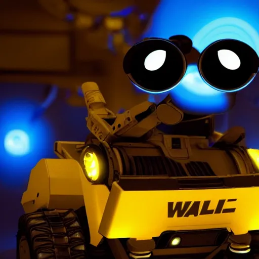 Prompt: photo of wall - e, blue and yellow glowing lights, dark, highly detailed