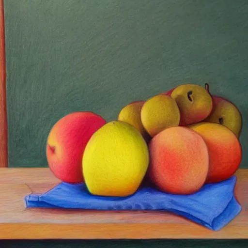 Prompt: a fruit basket on top of a kitchen table, colored pencil