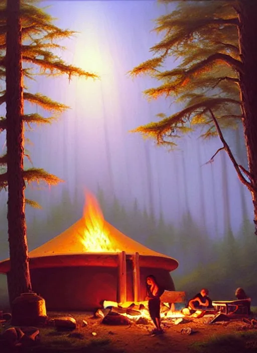 Prompt: a beautiful painting of a round sweat lodge hut in a forest next to a campfire, matte painting, art by christophe vacher
