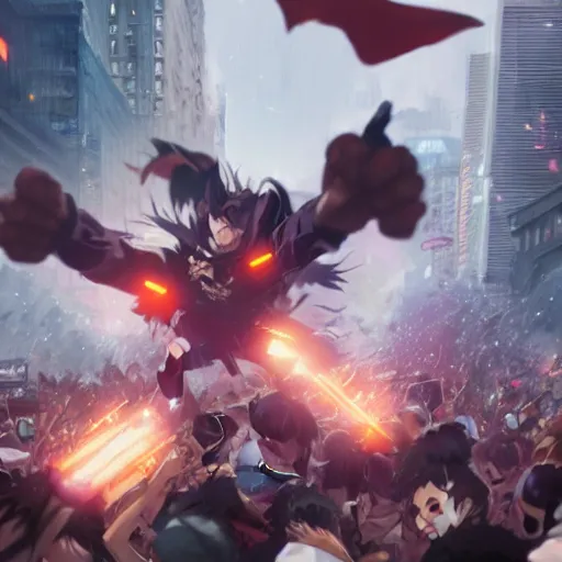 Prompt: An anime character giving a display of power in the middle of the crowd, hyper-realistic, artstation, Greg rutkowski, cinemátic