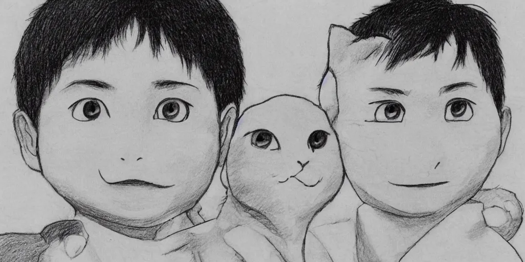 Prompt: drawn by hayao miyazaki, sri lankan kid with cat, looking at camera, closeup