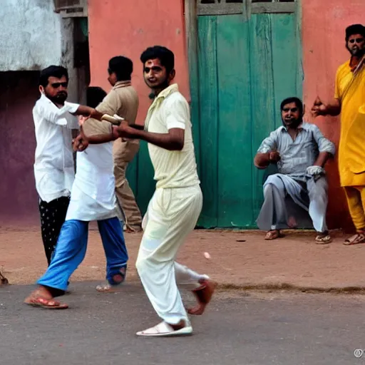 Image similar to four tamil friends playing a game of cricket, on an indian street