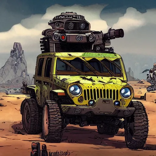 Image similar to froggy mech jeep concept borderland that looks like it is from Borderlands and by Feng Zhu and Loish and Laurie Greasley, Victo Ngai, Andreas Rocha, John Harris