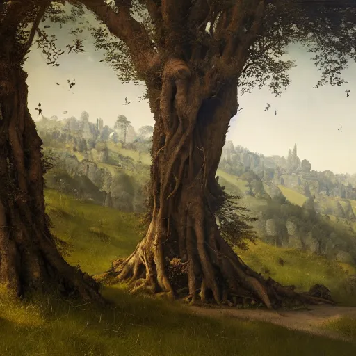 Prompt: The most beautiful and majestic and glorious Trees, oil on canvas, by Albrecht Durer, by Greg Rutkowski, trending on ArtStation, concept art, masterpiece, detailed, cinematic composition, rule of thirds, 8K, no frames, no humans, no animals,