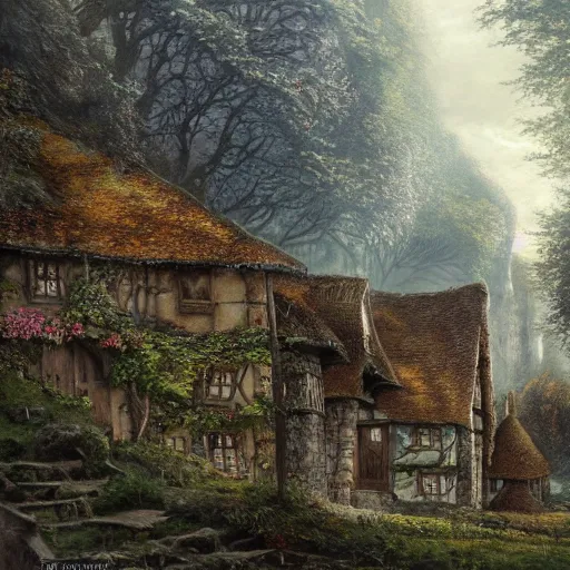 Image similar to a small fantasy village on the edge of the woods, by alan lee, lord of the rings, smooth, detailed terrain, oil painting, matte painting, concept art, trending on artstation