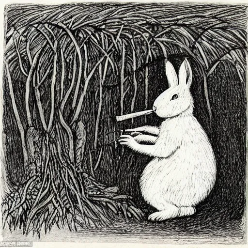 Image similar to drawing of a white bunny smoking a big cigarette in the deep tangled forest, by edward gorey, by gustav dore, black ink on white paper