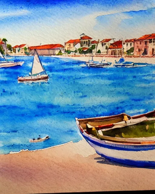 Prompt: watercolor painting of realistic adriatic coast, summer period with boats, watercolor, tonal colors, natural lighting, blue.