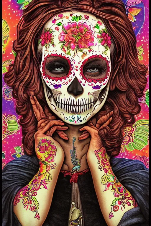 Prompt: Illustration of a sugar skull day of the dead girl, art by barclay shaw