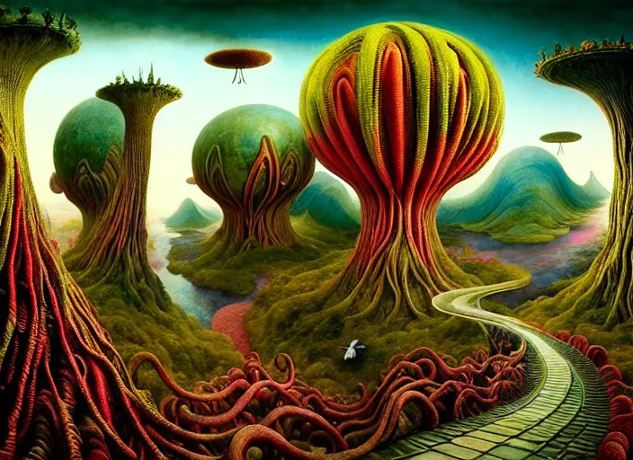 Prompt: a beguiling epic stunning beautiful and insanely detailed matte painting of the impossible winding path through imaginary worlds with surreal architecture designed by Giuseppe Arcimboldo, mega structures inspired by Heironymous Bosch's Garden of Earthly Delights, vast surreal landscape and horizon by Asher Durand and Cyril Rolando and Natalie Shau and Ernst Fuchs, colorful otherworldly trees, masterpiece!!!, grand!, imaginative!!!, whimsical!!, otherworldly, epic scale, intricate details, sense of awe, elite, wonder, insanely complex, masterful composition!!!, sharp focus, fantasy realism, dramatic lighting