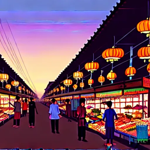 Image similar to an immaculate digital matte painting placid asian street market scene at dusk.